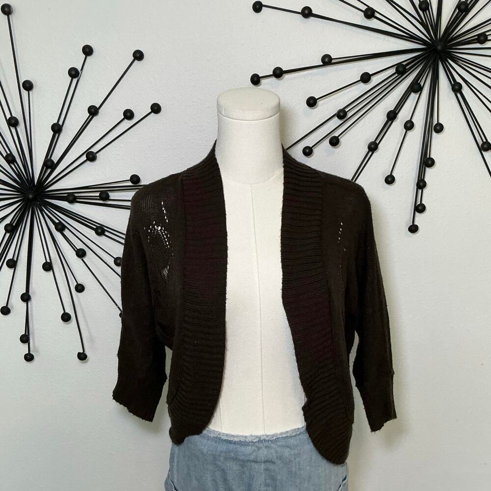 New Directions Brown Open Front Cropped Cardigan Sweater Size Small Boho